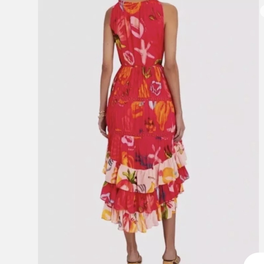 FARM Rio Mixed Fruit Oceans Midi Dress Small Red Ruffles Button Front - Picture 2 of 12